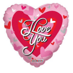 Heart-shaped pink balloon with "Love You" text and small hearts