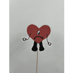 Red heart character on a stick with a sad face