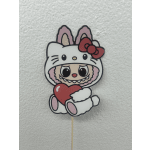 Cartoon character cutout of a white cat in a bunny hood holding a red heart