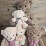 Four teddy bears with ribbons arranged against a wood background