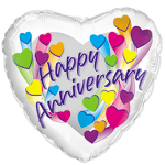Heart-shaped balloon with "Happy Anniversary" text and colorful hearts