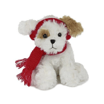 Plush dog wearing a red scarf and Santa hat