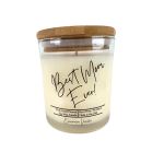 A glass candle jar with a wooden lid labeled "Best Mom Ever"