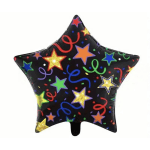 Star-shaped black balloon with colorful confetti and stars