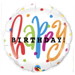 Round birthday balloon with colorful confetti dots and "Happy Birthday" text