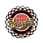 Round birthday balloon with black, white, red, and yellow graphics