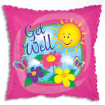 Pink square balloon with "Get Well" text and flowers