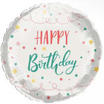 Round birthday balloon with colorful stars and "Happy Birthday" text