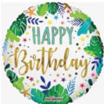 Round birthday balloon with tropical leaf pattern and "Happy Birthday" text