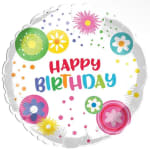 Round birthday balloon with colorful flower graphics and "Happy Birthday" text