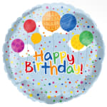 Round birthday balloon with colorful polka dots and "Happy Birthday" text