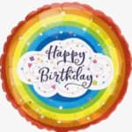 Round rainbow birthday balloon with "Happy Birthday" text