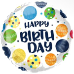 Round birthday balloon with colorful polka dots and "Happy Birthday" text