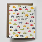 Birthday card with colorful cars and "Happy Birthday" text