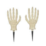 Pair of plastic skeletal hand stakes with black pointed bases facing forward