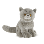 Gray plush cat with yellow eyes sitting on a white background