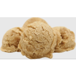Three scoops of tan ice cream on a white background