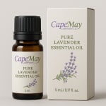 Lavender essential oil bottle beside its retail box