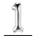 Silver foil balloon shaped like the number 1