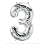 Silver foil balloon shaped like the number 3