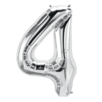 Silver foil balloon shaped like the number 4
