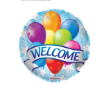 Round welcome balloon with colorful balloons and a banner
