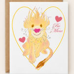 Valentine card with a lion illustration and "Be Mine" text