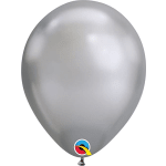 Single silver balloon with a small logo near the knot