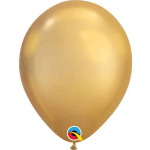 Gold metallic balloon with a small printed logo near the bottom