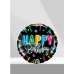Round black birthday balloon with colorful neon-style lettering