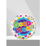 Round balloon with colorful polka dots and "GOOD LUCK!" text