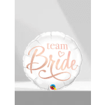 White foil balloon with "team Bride" text in peach lettering