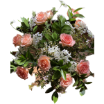 Coral roses with touches queen annes lace and an array of long lasting.