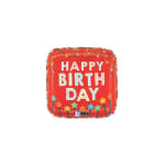 Red square birthday balloon with colorful stars and text