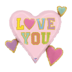 Pink heart-shaped balloon with "LOVE YOU" text and three small heart balloons