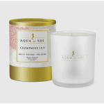 Two white soy candles in gold-trimmed containers