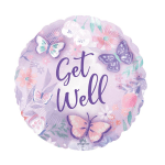 Round lavender balloon with butterflies and "Get Well" text