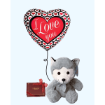 Heart-shaped love balloon with a plush wolf and chocolate box