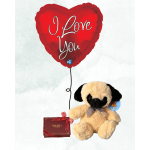 Heart-shaped red balloon with a teddy bear and chocolate box