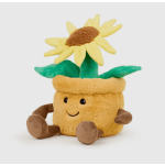 Plush sunflower toy with a smiling face and green leaves