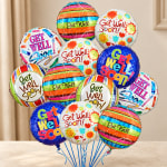 Cluster of colorful get-well balloons with blue ribbons