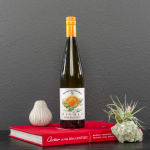 Wine bottle beside a small vase and air plant on a red book