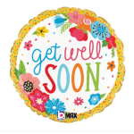 Round floral balloon reading "get well SOON"
