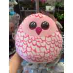 Pink and white owl plush toy with glittery eyes