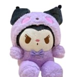 Purple plush character toy with black ears and a small bow