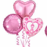 Pink heart-shaped balloons with a breast cancer ribbon design