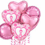 Cluster of pink heart-shaped balloons with breast cancer ribbon designs
