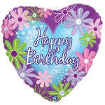 Heart-shaped birthday balloon with colorful daisy graphics and text