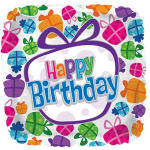 Colorful birthday greeting card with gift icons and "Happy Birthday" text