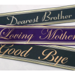 Decorative memorial ribbons reading "Dearest Brother," "Loving Mother," and "Good Bye"